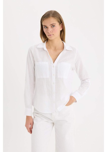 Regular Fit Basic Düz Keten Karışımlı Beyaz Uzun Kollu Gömlek V2522AZ25SP