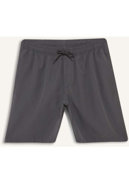 Regular Fit Kısa Boy Cepli File Astarlı Beli Bağcıklı Düz Hafif Kumaş Deniz Şortu E5133AXNS