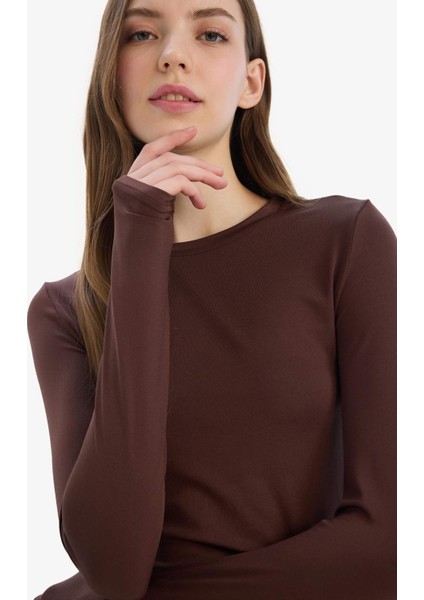 Fitted Bisiklet Yaka Basic Düz Uzun Kollu Tişört D0199AX25SP