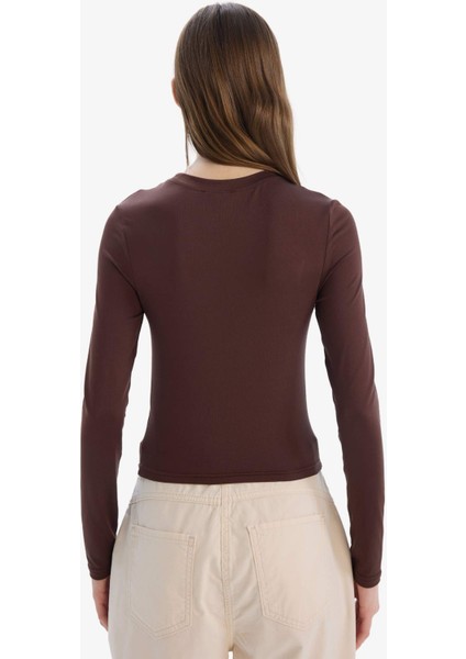 Fitted Bisiklet Yaka Basic Düz Uzun Kollu Tişört D0199AX25SP