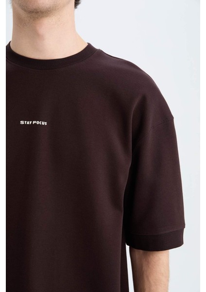 Loose Fit Bisiklet Yaka Baskılı Kısa Kollu Ağır Kumaş Tişört C0896AX25SM