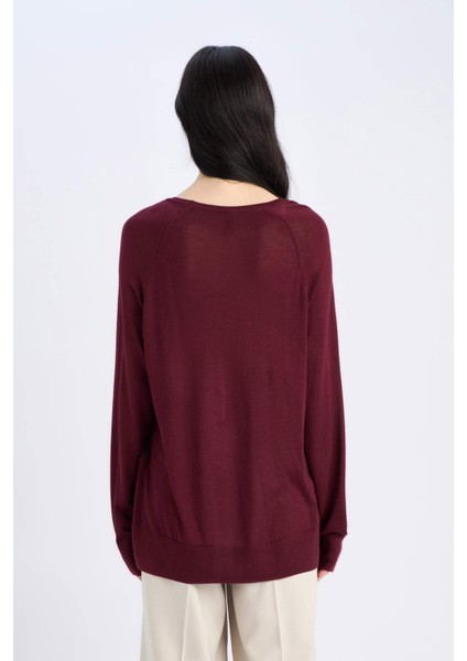 Regular Fit Bisiklet Yaka Basic Düz Bordo Triko Kazak D6281AX25SP