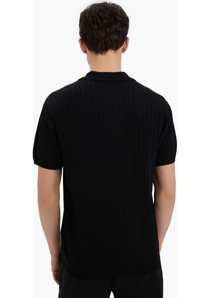 Standart Fit Polo Yaka Kısa Kollu Siyah Triko Tişört E4603AX25SM