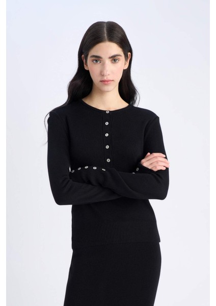 Fitted Bisiklet Yaka Basic Düz Siyah Triko Kazak E5345AX25SP