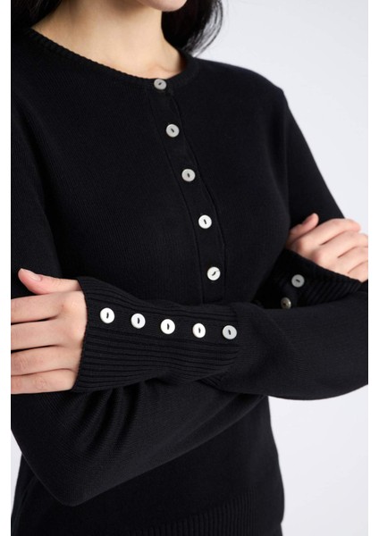 Fitted Bisiklet Yaka Basic Düz Siyah Triko Kazak E5345AX25SP