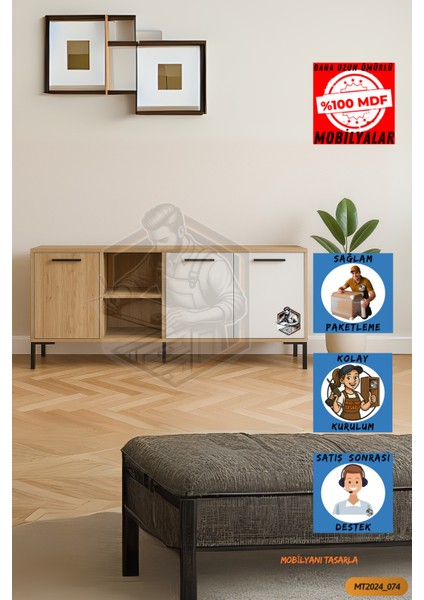 Tamamı Mdf Sinem 3 Kapaklı Çift Renkli Çok Amaçlı Konsol Salon / Yemek Odası / Oturma Odası