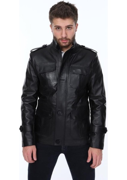 Hakiki Deri Siyah Hera Gömlek Cepli Erkek Deri Ceket