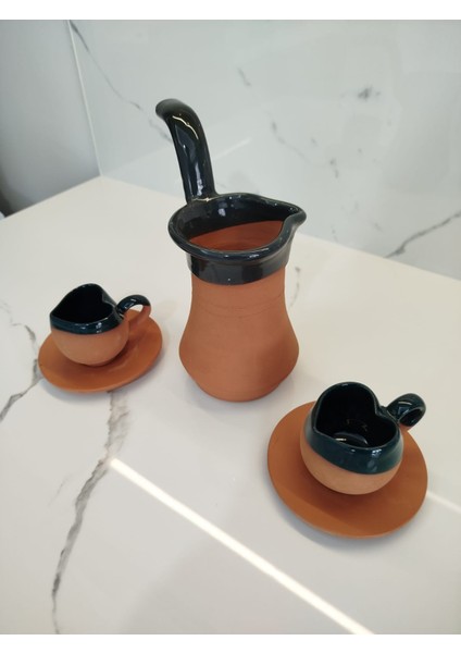 Toprak Içi Sırlı Kalpli Yeşil 2'li Kahve Fincan Takımı ve Yeşil Renk Cezve fiyatları