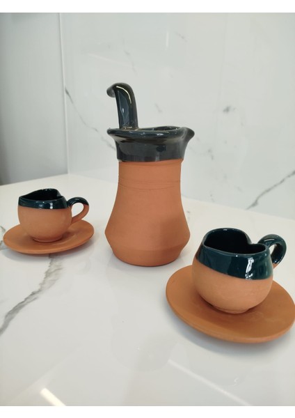 Toprak Içi Sırlı Kalpli Yeşil 2'li Kahve Fincan Takımı ve Yeşil Renk Cezve fırsatları