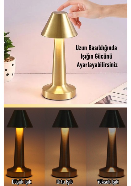 Dekoratif Şarjlı Metal LED Masa Lambası Type-C Girişli 3 Kademeli Dokunmatik Işık Ayarı fiyatları