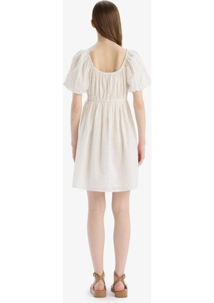 Kare Yaka Pamuklu Kısa Kollu Beyaz Mini Elbise E5390AX25SM