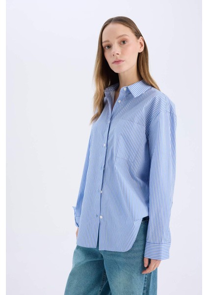 Coool Oversize Geniş Kalıp Çizgili Poplin Uzun Kollu Gömlek E5329AX25SP