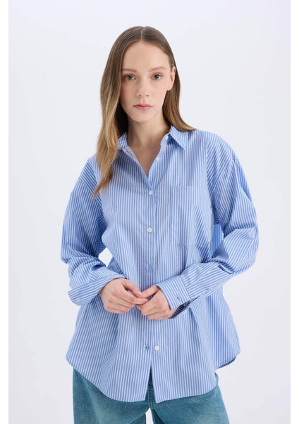 Coool Oversize Geniş Kalıp Çizgili Poplin Uzun Kollu Gömlek E5329AX25SP