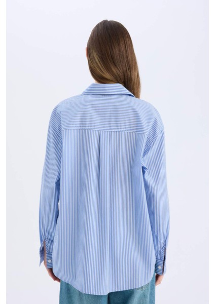 Coool Oversize Geniş Kalıp Çizgili Poplin Uzun Kollu Gömlek E5329AX25SP