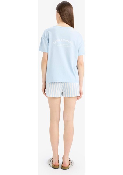 Regular Fit Pijama Takımı Kısa Kollu Üst Esnek Belli Şort-Fall in Love E4323AX25SM