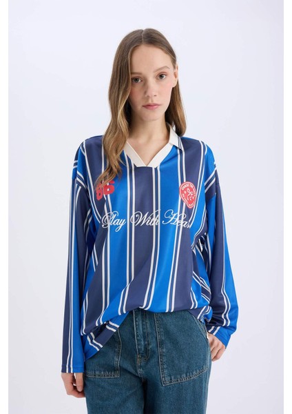 Coool Oversize Geniş Kalıp Polo Yaka Baskılı Forma Kumaşı Uzun Kollu Tişört E5373AX25SP