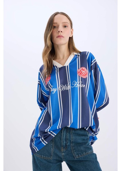 Coool Oversize Geniş Kalıp Polo Yaka Baskılı Forma Kumaşı Uzun Kollu Tişört E5373AX25SP