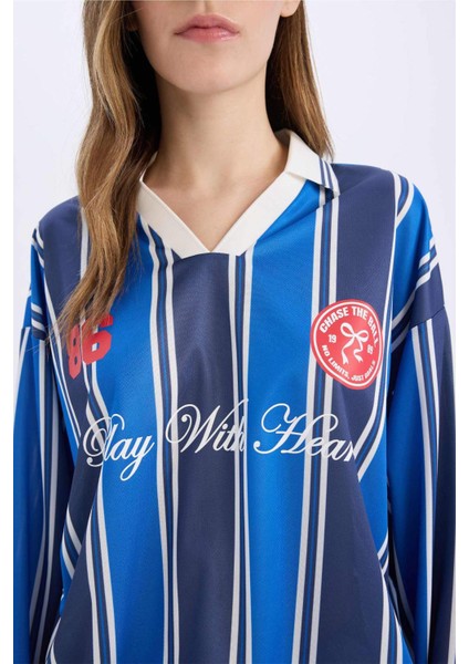 Coool Oversize Geniş Kalıp Polo Yaka Baskılı Forma Kumaşı Uzun Kollu Tişört E5373AX25SP