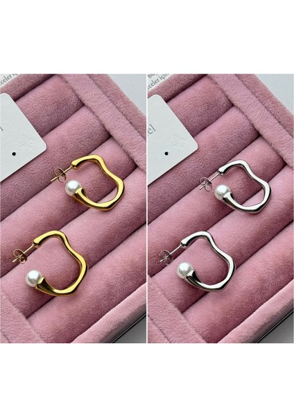 Incili Asimetrik Desen Çelik Halka Küpe
