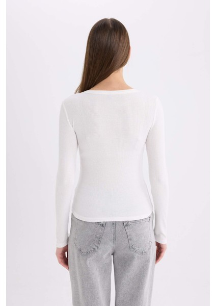 Slim Fit Dar Kesim Bisiklet Yaka Basic Düz Fitilli Kaşkorse Uzun Kollu Tişört E5767AX25SP