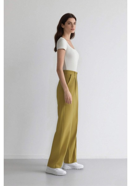 Wide Leg Keten Karışımlı Palazzo Pantolon Yüksek Bel Geniş Bol Paça Pensli Cepli A1922AX25SM