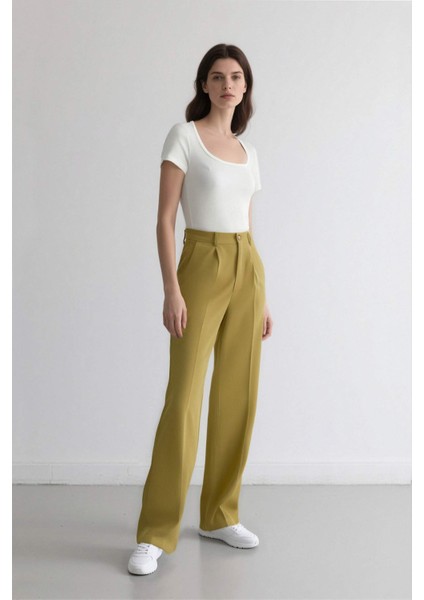 Wide Leg Keten Karışımlı Palazzo Pantolon Yüksek Bel Geniş Bol Paça Pensli Cepli A1922AX25SM