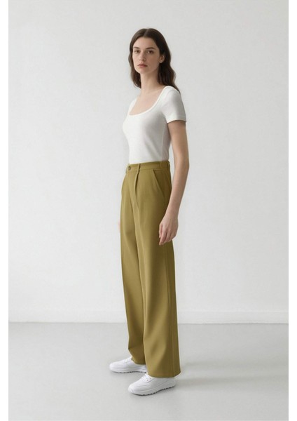 Wide Leg Keten Karışımlı Palazzo Pantolon Yüksek Bel Geniş Bol Paça Pensli Cepli A1922AX25SM