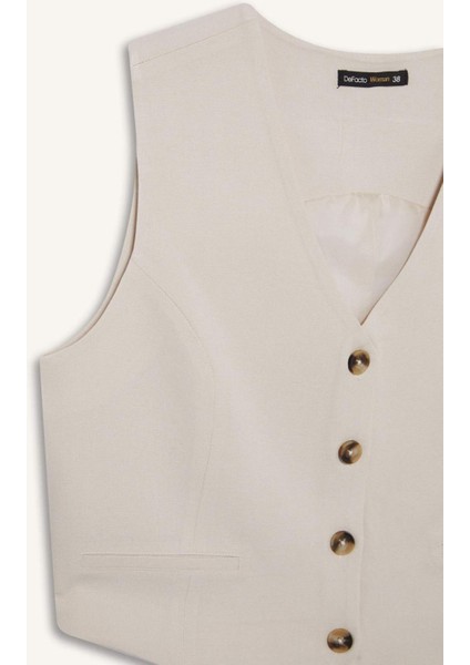 V Yaka Keten Karışımlı Blazer Yelek C3828AX25SM