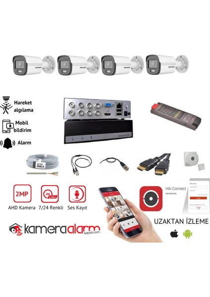 Mikrofonlu 7/24 Renkli Görüşlü Güvenlik Kamerası Seti 4' Lü - 1tb Essd