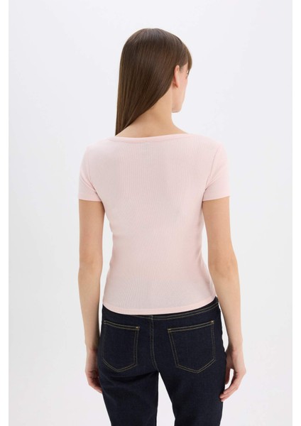 Slim Fit Dar Kesim Yuvarlak Yaka Basic Düz Fitilli Kaşkorse Kısa Kollu Tişört E5781AX25SP