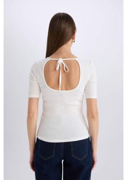 Slim Fit Dar Kesim Bisiklet Yaka Basic Düz Fitilli Kaşkorse Kısa Kollu Tişört E5776AX25SP