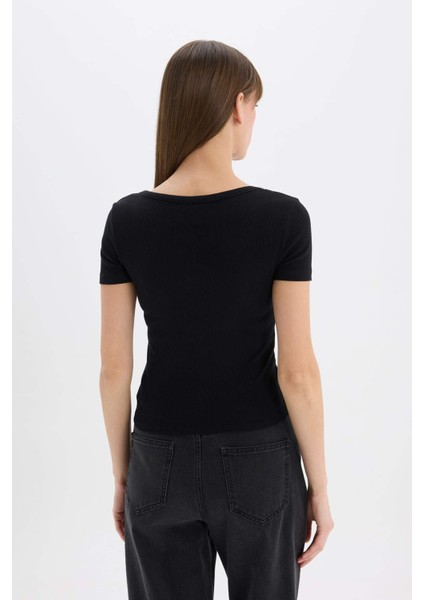 Slim Fit Dar Kesim Yuvarlak Yaka Basic Düz Fitilli Kaşkorse Kısa Kollu Siyah Tişört E5781AX25SP
