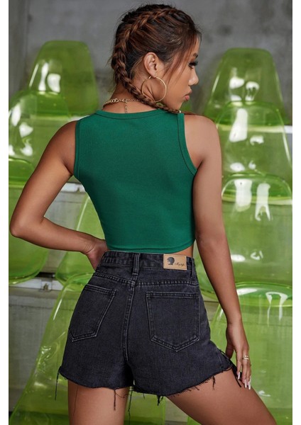 Kadın Yeşil Kare Yaka Crop Top Bluz fiyatları