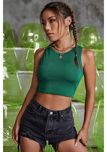 Kadın Yeşil Kare Yaka Crop Top Bluz modelleri