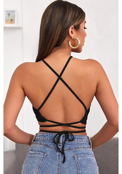 Kadın Siyah Sırtı Açık Boyundan Çapraz Bağlamalı Crop Top Bluz fiyatları