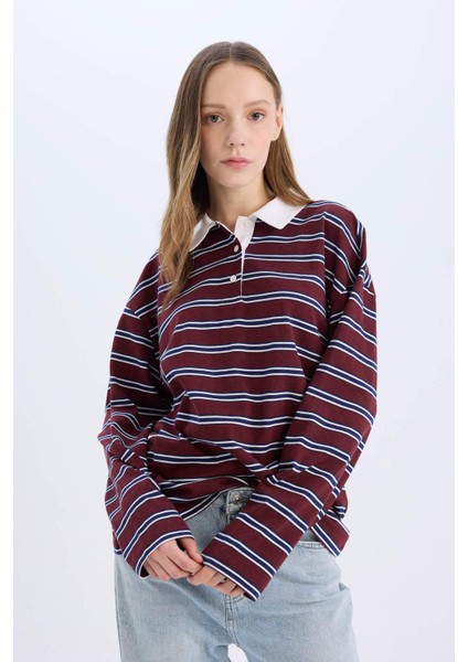 Coool Loose Fit Çizgili Polo Yaka Uzun Kollu Tişört E4917AX25SP