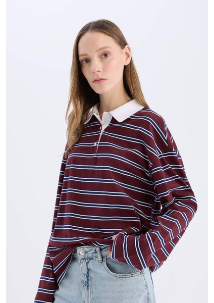 Coool Loose Fit Çizgili Polo Yaka Uzun Kollu Tişört E4917AX25SP