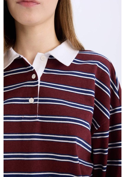 Coool Loose Fit Çizgili Polo Yaka Uzun Kollu Tişört E4917AX25SP