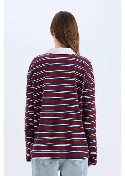Coool Loose Fit Çizgili Polo Yaka Uzun Kollu Tişört E4917AX25SP