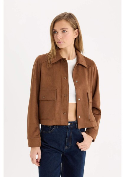 Regular Fit Polo Yaka Cepli Basic Düz Süet Ceket Mont E6033AX25SP