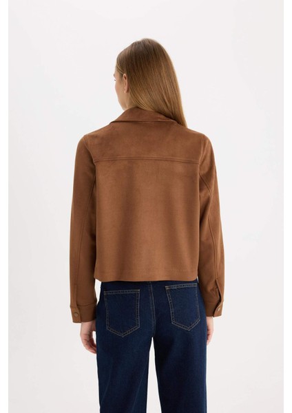 Regular Fit Polo Yaka Cepli Basic Düz Süet Ceket Mont E6033AX25SP