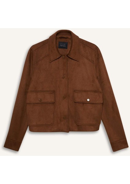 Regular Fit Polo Yaka Cepli Basic Düz Süet Ceket Mont E6033AX25SP