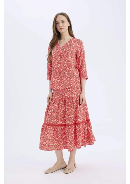 Regular Fit Çiçek Desenli Esnek Belli Kiloş Midi Etek E5958AX25SP