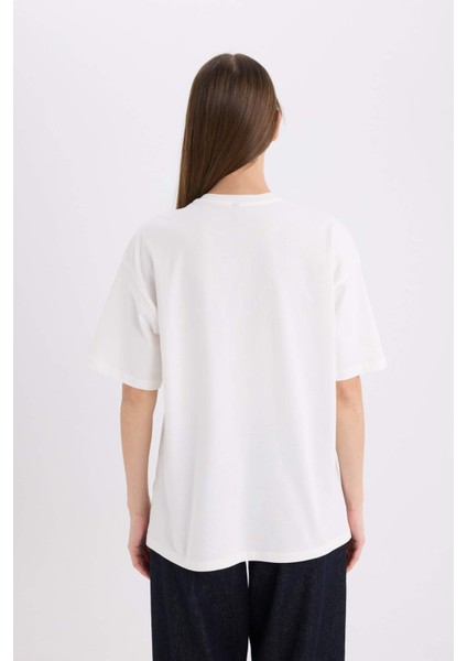 Oversize Geniş Kalıp Bisiklet Yaka Baskılı Kısa Kollu Tişört E5055AX25SP