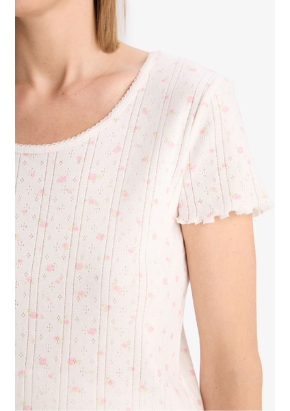 Regular Fit Pijama Takımı Kısa Kollu Üst Esnek Belli Şort-Fall in Love E4335AX25SP