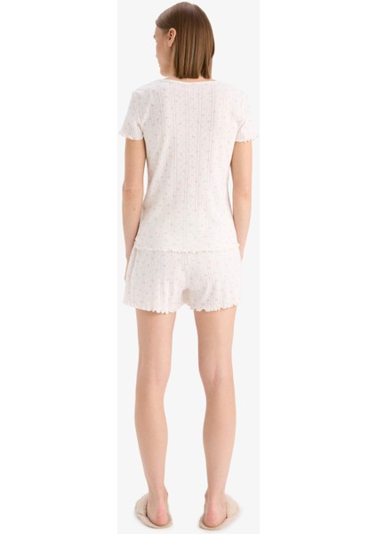 Regular Fit Pijama Takımı Kısa Kollu Üst Esnek Belli Şort-Fall in Love E4335AX25SP