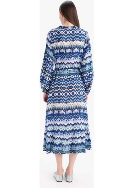 Regular Fit Desenli Bisiklet Yaka Uzun Kollu Midi Elbise D5447AX25SP
