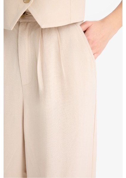 Wide Leg Keten Karışımlı Pantolon Normal Bel Geniş Paça Cepli Fermuarlı Standart Boy E6210AX25SP