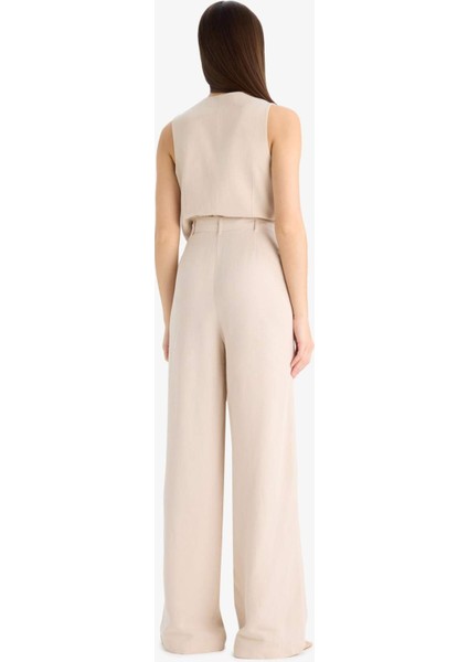 Wide Leg Keten Karışımlı Pantolon Normal Bel Geniş Paça Cepli Fermuarlı Standart Boy E6210AX25SP