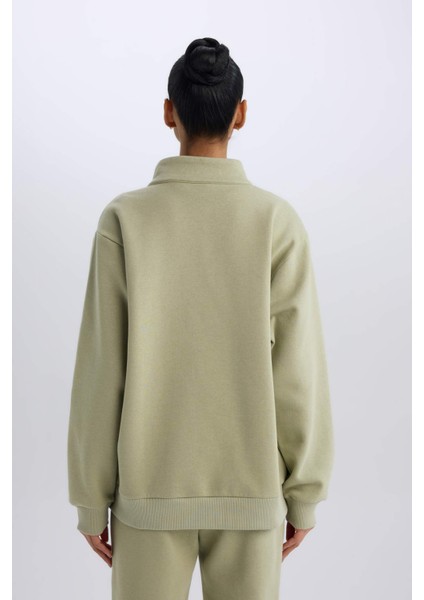 Fit Oversize Geniş Kalıp Fermuarlı Dik Yaka Baskılı Kalın Spor Sweatshirt E5703AX24WN